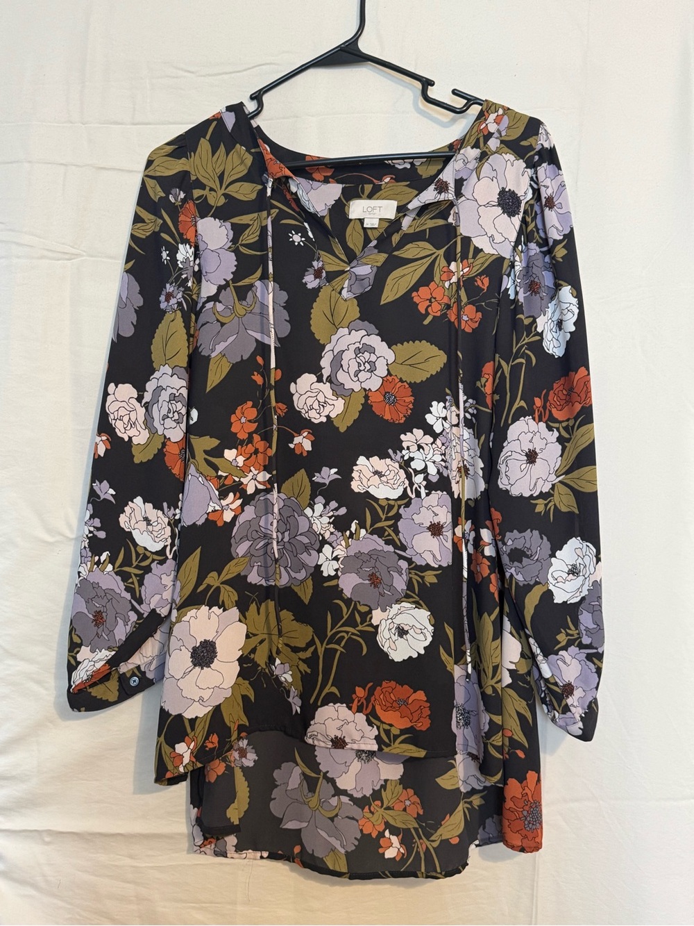 LOFT Black Floral V-Neck Tunic with Mustard and Orange Print